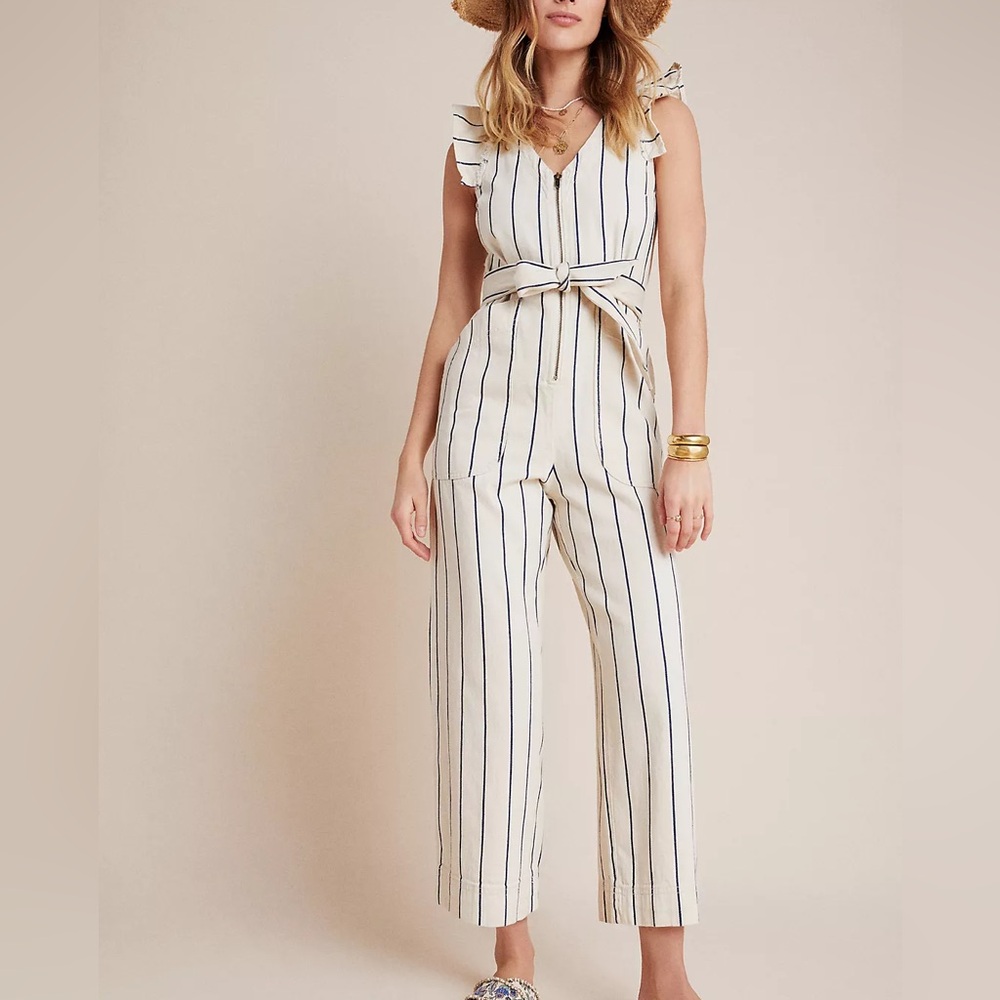 Anthropologie Stroped Denim White and Blue Jumpsuit, 0 Petite